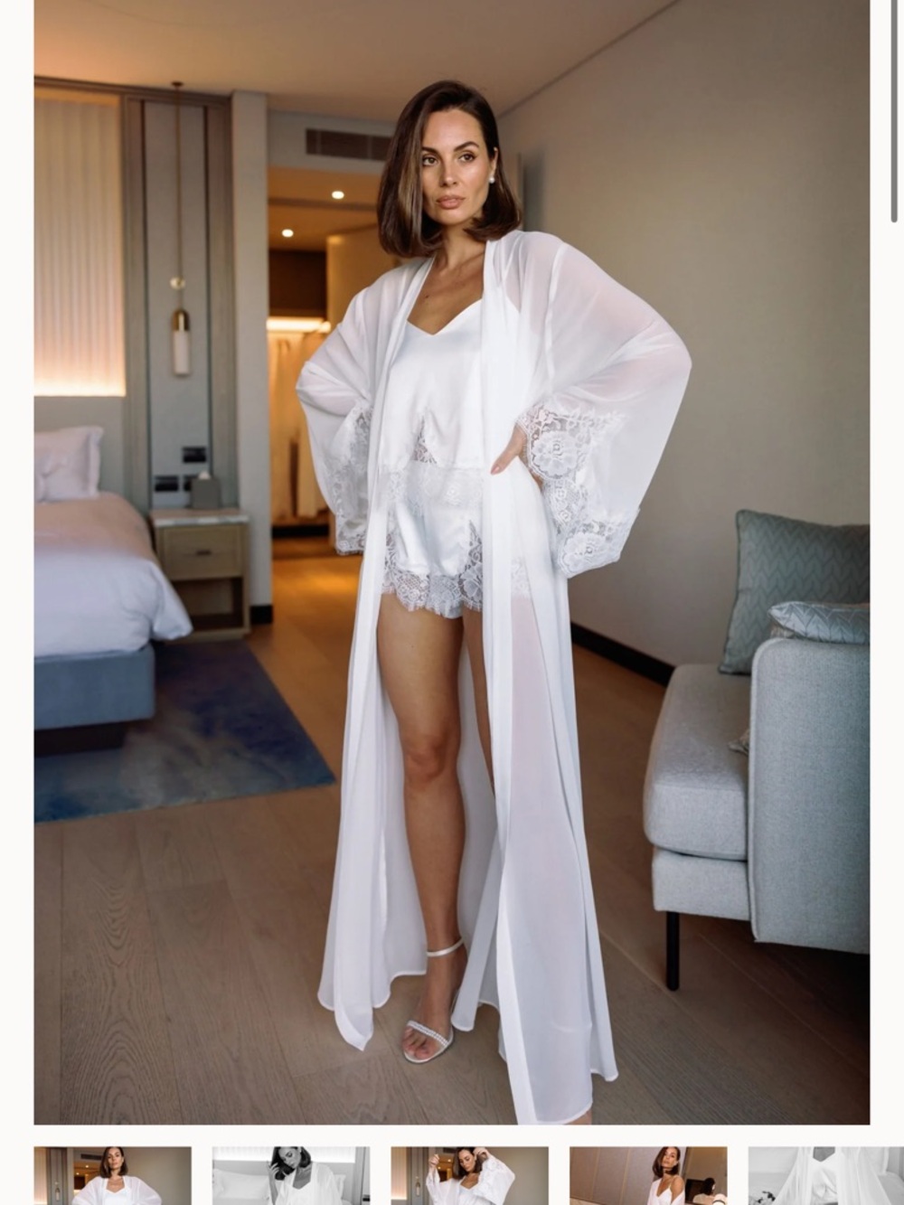 Long White Lace-Trim Satin Robe & Cami Set